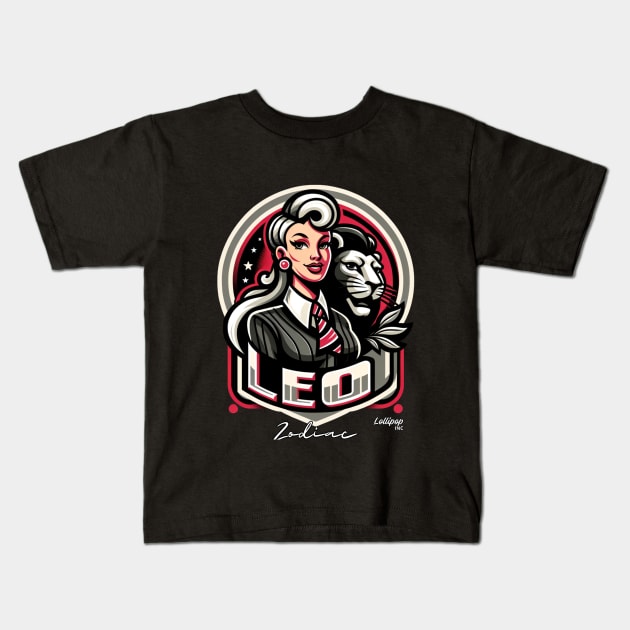 Leo's Roar: Regal Radiance - Pin up Vintage Retro Zodiac Sign Kids T-Shirt by LollipopINC